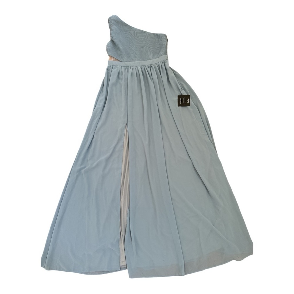NWT Lulus Lovely Endings Dusty Blue One-Shoulder Pleated Maxi Dress - Picture 6 of 9